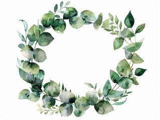 ethereal watercolor eucalyptus wreath delicate green leaves and branches forming an elegant circular frame against pure white soft dreamy brushstrokes create a romantic botanical illustration