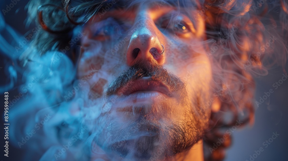 Poster This image captures a mesmerizing ambiance with dual-tone hues of blue and red smoke, creating a captivating visual experience with a dynamic interplay of colors and textures.