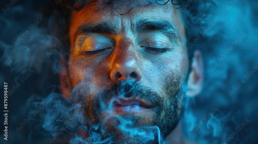 Poster a captivating and mysterious scene of a smoky background blending blue and red hues, offering an eni