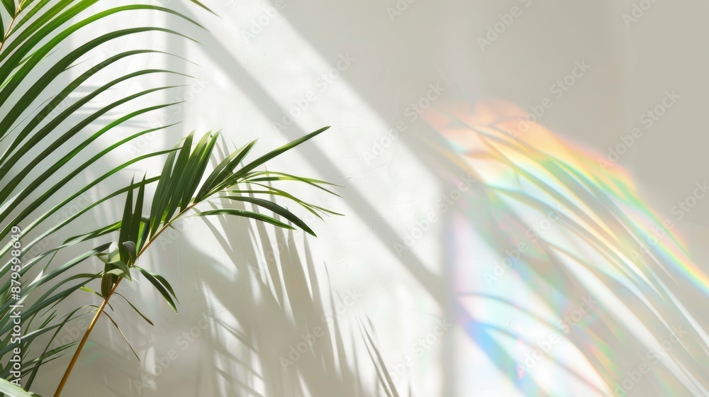 Poster intense diagonal shadow from a window with a rainbow over a white background.