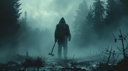 A lone individual with an axe ventures through a dense, fog-covered forest, presenting an eerie atmosphere and invoking themes of journey, endurance, and survival in the wild.