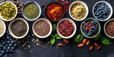 Top view of various superfoods in bowls on isolated background. Concept Superfoods, Top View, Bowls, Isolated Background, Healthy Eating