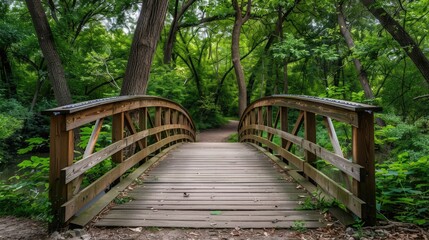 Fototapeta premium A wooden bridge spans a river in a lush green forest. The bridge is old and weathered, but it still stands strong and sturdy. The surrounding trees are tall and leafy, creating a peaceful