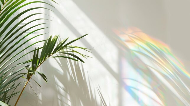 Intense diagonal shadow from a window with a rainbow over a white background.