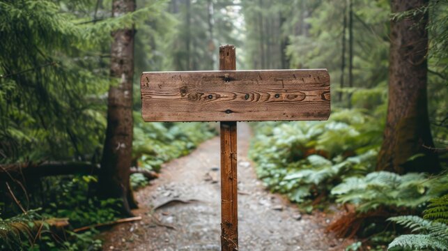A wooden sign is standing in a forest. The sign is pointing to the right. The forest is lush and green, and the sign is the only thing visible in the scene