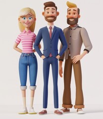 Illustration of a group of happy business people. Stanley, Emma, and Billy stand on a white background.