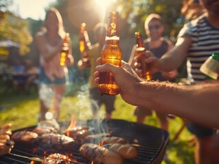 Fototapeta premium friends toasting with beer bottles at a lively summer barbecue closeup shot captures genuine smiles and clinking bottles with grill smoke and sunny backyard in soft focus