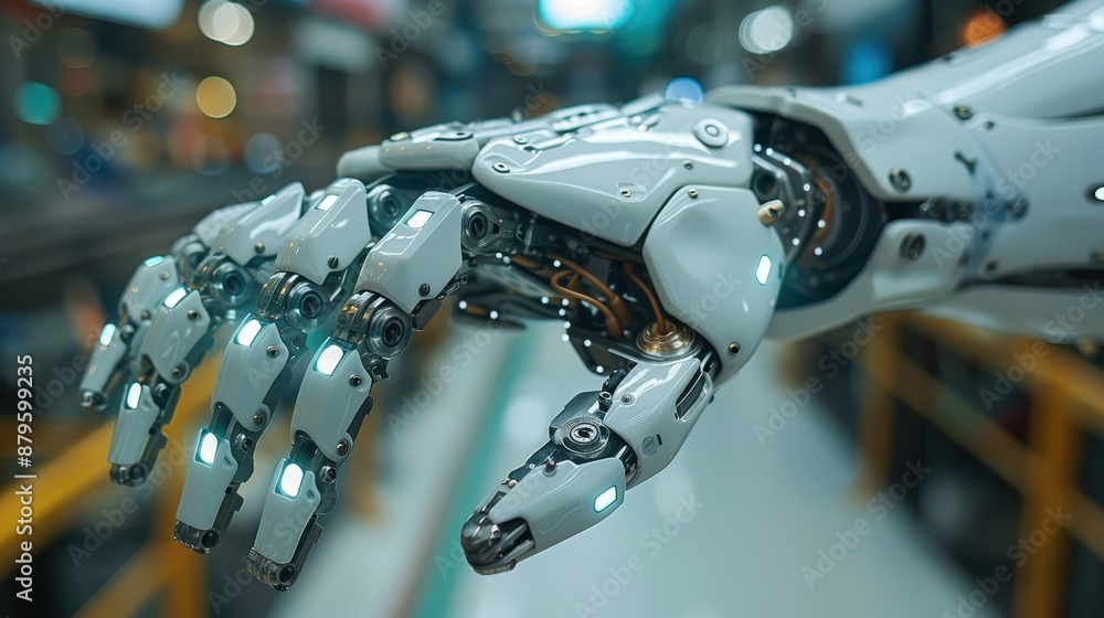 Poster a close-up image showcasing a highly detailed and futuristic robot hand with intricate mechanical co