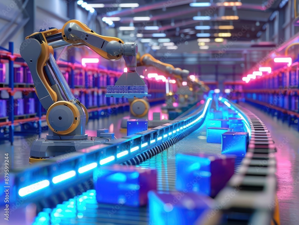 Aufkleber futuristic automated warehouse with sleek robotic arms efficiently sorting colorful packages on a wi