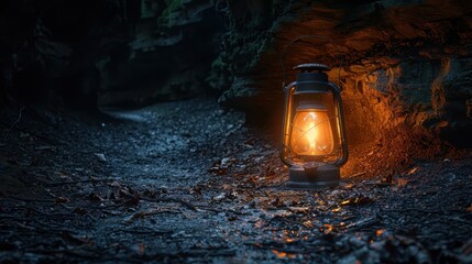 A glowing vintage lantern placed on a forest path during twilight, creating a mysterious and serene atmosphere with its warm light contrasting the dim surroundings.