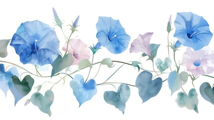 Delicate Watercolor Blue and Pink Morning Glory Flowers