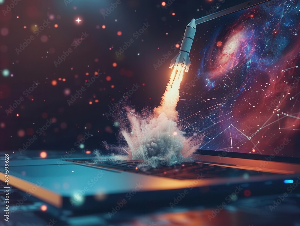Poster futuristic laptop with holographic rocket launch emerging from screen dark background with glowing t