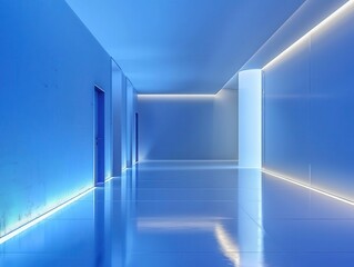 futuristic minimalist interior sleek blue walls subtle ambient lighting reflective floor clean lines hightech presentation space zenlike atmosphere