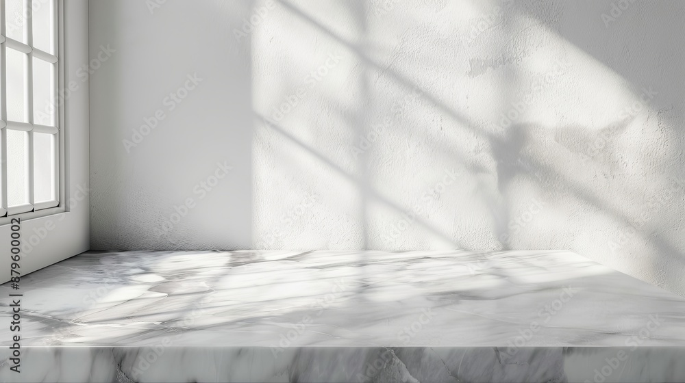Poster table with marble top and window shadow drop on white wall background for mockup product display