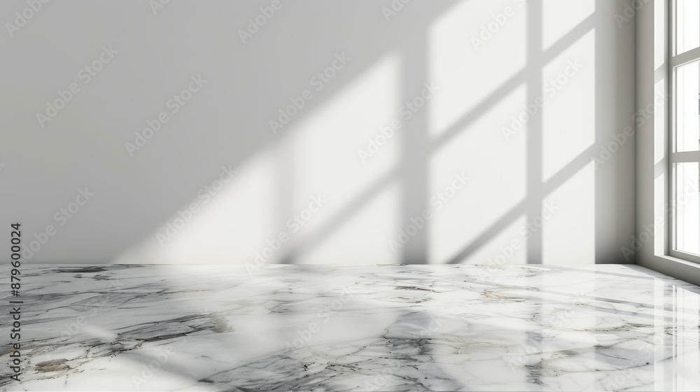 Poster mockup product display with marble table and window shadow drop on white wall
