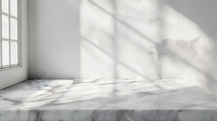Table with marble top and window shadow drop on white wall background for mockup product display