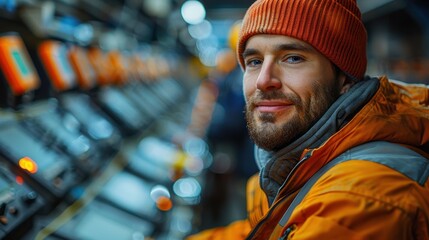 A worker in an orange outfit operates equipment in a control room filled with technology, showcasing the precision and attention required in a high-tech industrial environment.
