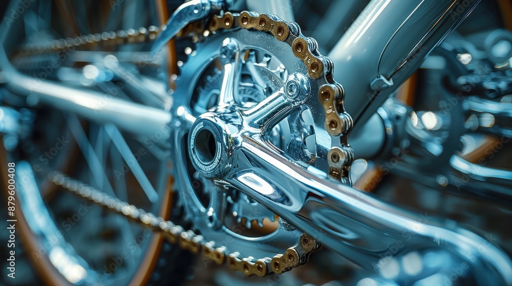 Poster a close-up view of a shiny, well-maintained set of gears and chain on a modern bicycle, highlighting