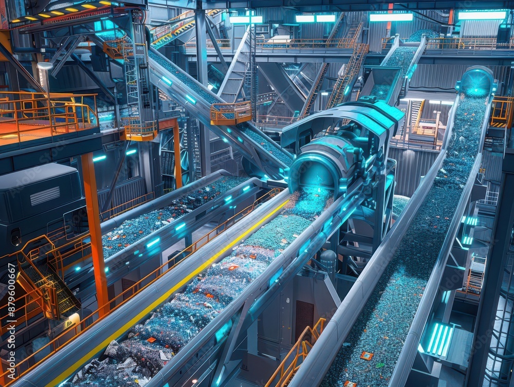 Poster hightech waste sorting facility with complex network of conveyor belts robotic arms separating vario