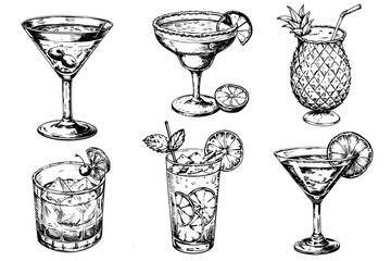 Set of sketches of fashionable cocktails on a white background