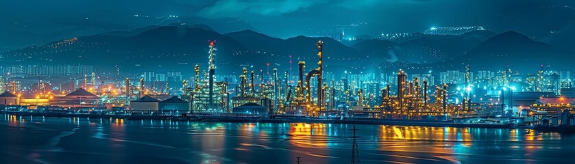 Fototapeta premium Refinery at Night, A brightly lit oil refinery at night, symbolizing the energy intensity and roundtheclock operations