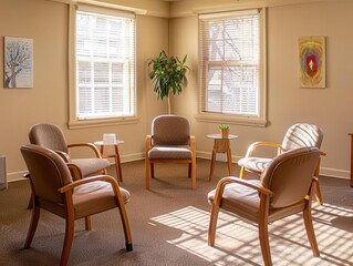 Fototapeta premium intimate circle of empty chairs in warm softly lit therapists office personal items and soothing artwork visible creating an atmosphere of trust and healing