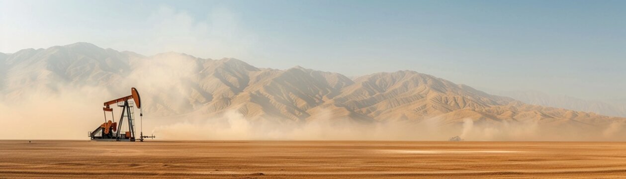 Desert Oil Field, A vast desert with oil rigs, representing the extraction challenges in harsh environments