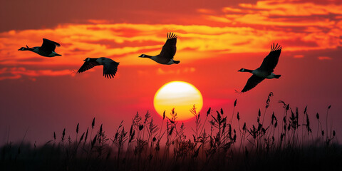 A group of Geese flying over lake during sunset landscape