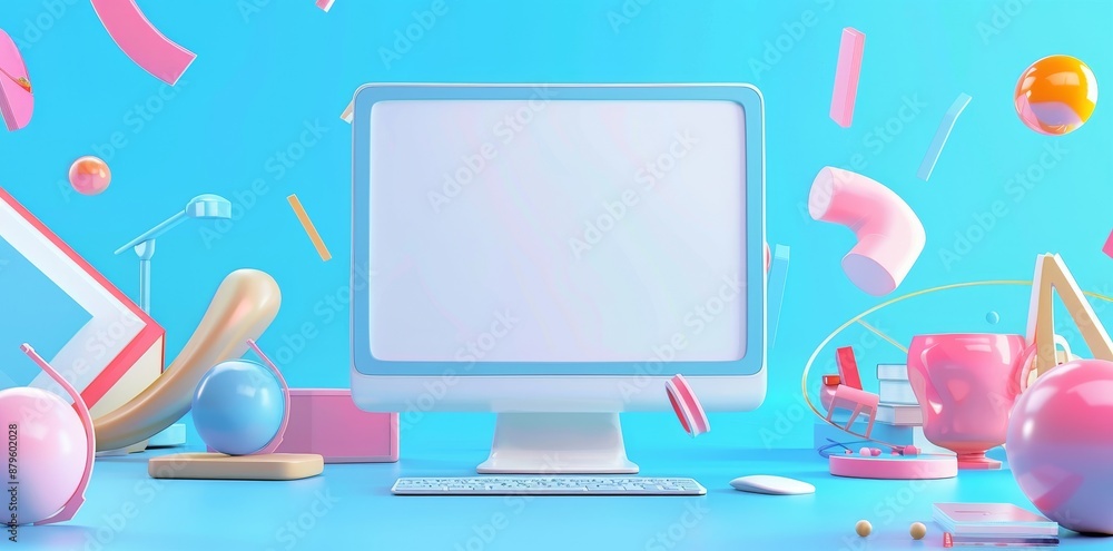 Poster rendering of 3d computer and geometry figures for a mock-up composition