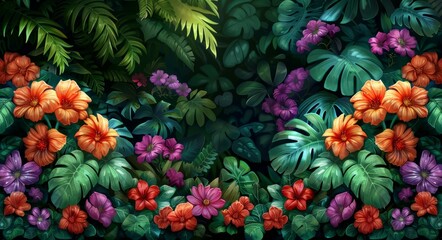 Tropical Island Scenery, Colorful Flowers, Lush Vegetation