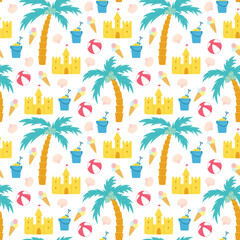Summer vacations seamless pattern. Various beach vacations elements on white background