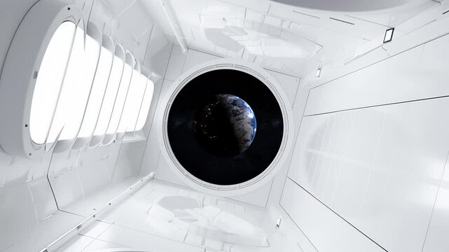 la Terre vue depuis l'int&eacute;rieur d'une station spatiale en rotation