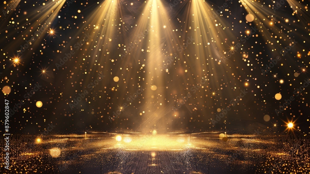 Poster Illuminated golden stage with spotlights. Background to display products. Brilliant beams, glittering particles, a point of light.