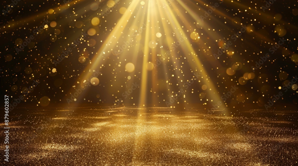 Aufkleber backdrop for displaying products. illuminated golden stage with bright spotlights, sparkling glitter