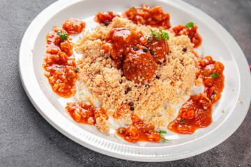 couscous food meat balls vegetable sauce tasty fresh meal snack on the table copy space food background rustic top view