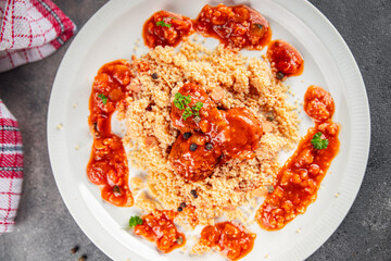couscous food meat balls vegetable sauce tasty fresh meal snack on the table copy space food background rustic top view