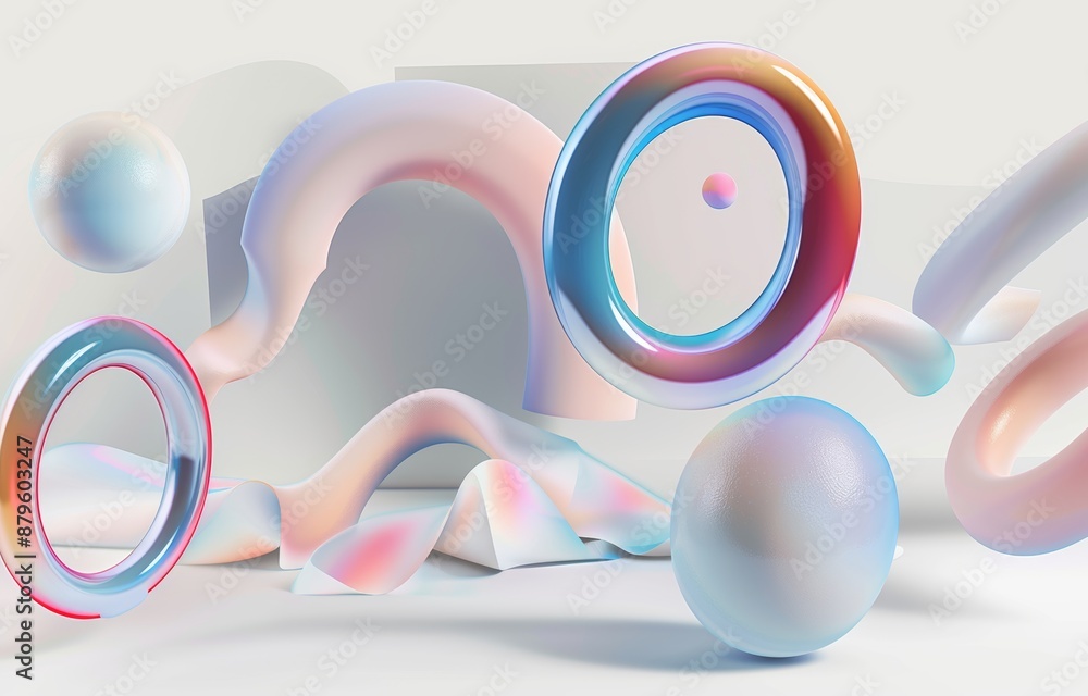 Poster a colorful 3d art background floating on a white background with pastel geometric shapes. memphis st