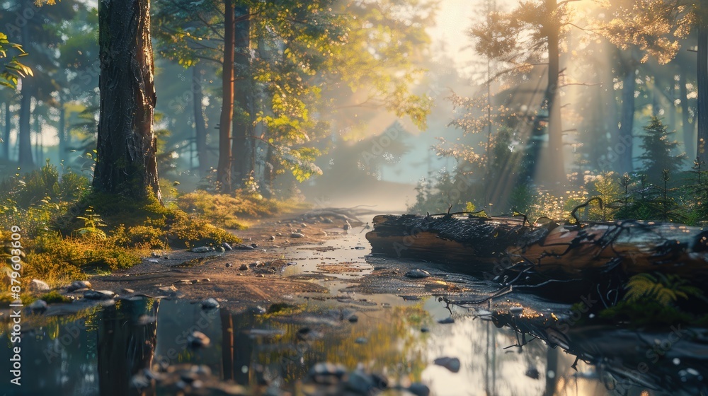 Poster a forest with a stream running through it. the sunlight is shining through the trees, creating a pea