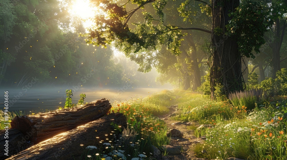 Poster a forest with a river running through it. the sun is shining through the trees, casting a warm glow 