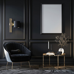 3D render of a mock-up poster frame in a dark classic interior with a modern style.