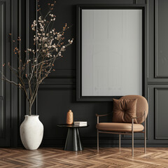 3D render of a mock-up poster frame in a dark classic interior with a modern style.