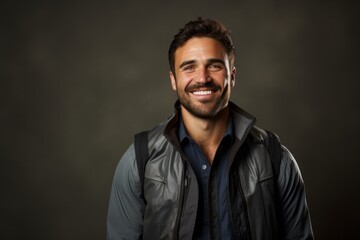 Obraz premium Portrait of a smiling man in his 30s dressed in a water-resistant gilet isolated on minimalist or empty room background