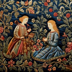 Obraz premium Medieval style embroidery of women in a garden