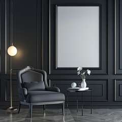 3D render of a mock-up poster frame in a dark classic interior with a modern style.