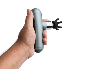 men's hands holds massage gun. medical-sports device helps to reduce muscle pain after training, helps to relieve fatigue, affects problem areas of body