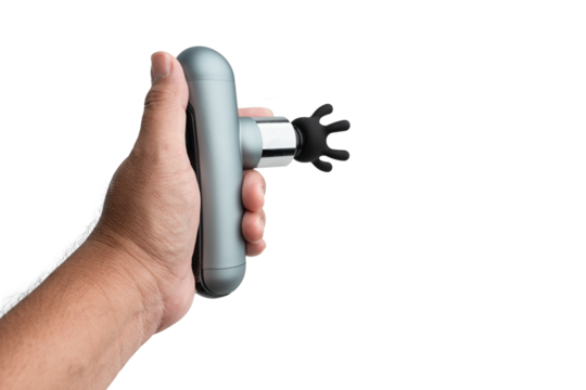 men's hands holds massage gun. medical-sports device helps to reduce muscle pain after training, helps to relieve fatigue, affects problem areas of body