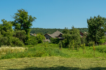 rural landscape, a house on the background of mountains with a vegetable garden 