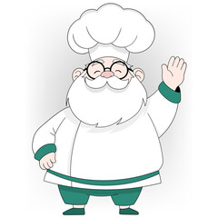 Cheerful Elderly Chef with White Beard and Glasses Waving