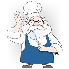 Cheerful Senior Chef with White Beard Holding a Spatula and Waving