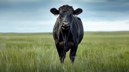 Solitary black angus cow standing in a lush green pasture